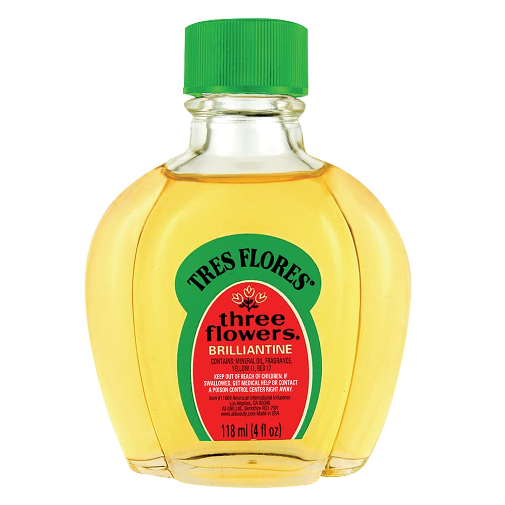 Tres Flores Brillantina, botella de 4 oz, para peinado con brillo intenso.