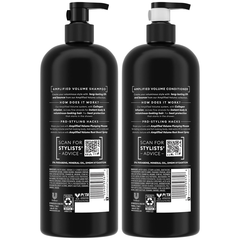 TRESemmé Acondicionador Volumen Amplificado: botella visible, cabello suave y manejable.