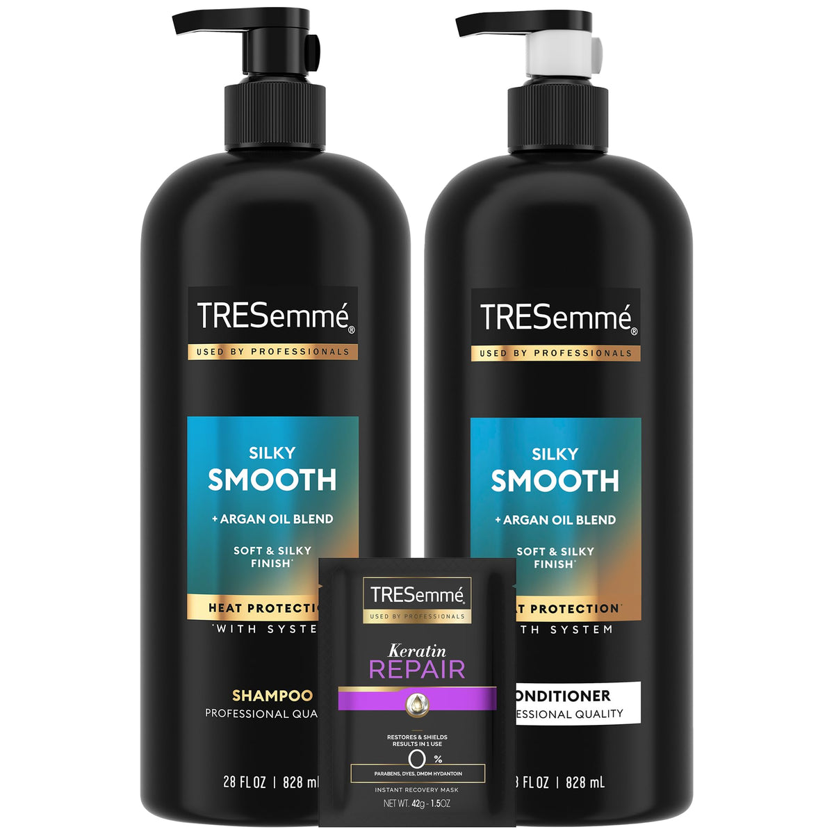 TRESemmé shampoo bottle close-up highlights silky hair benefits.