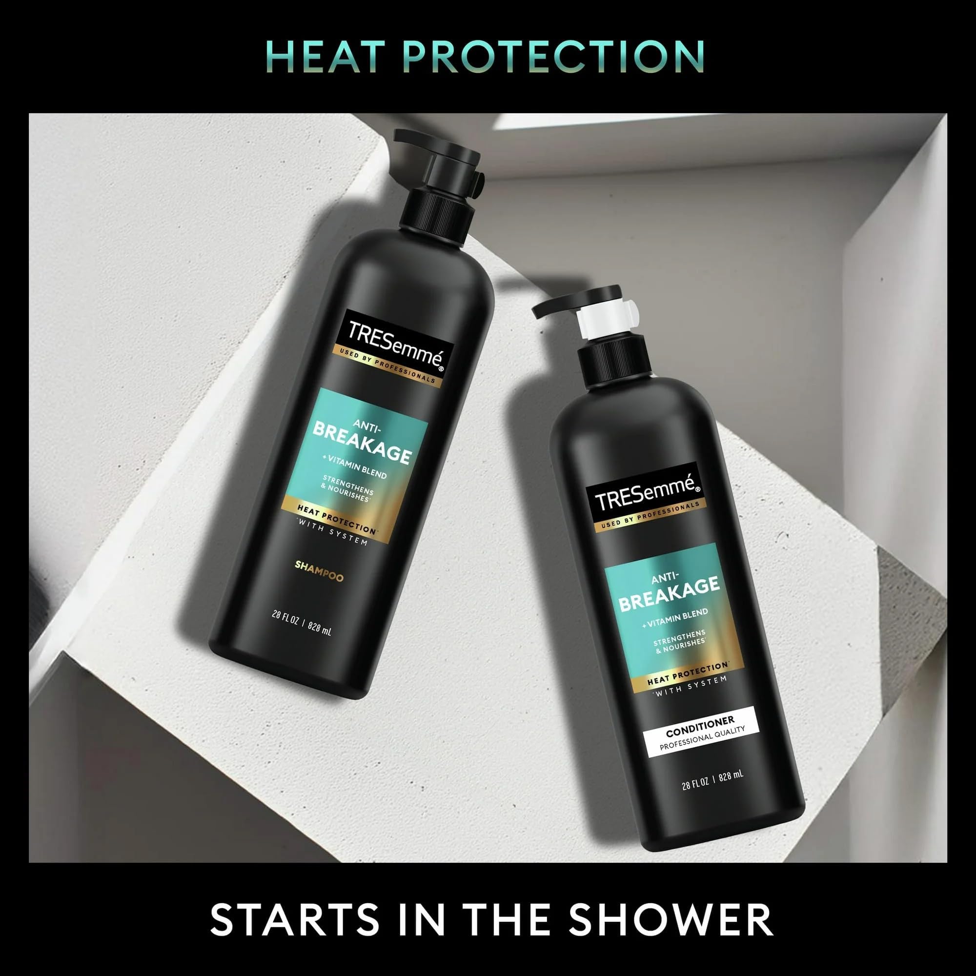 TRESemmé Shampoo and Conditioner duo after use shows gleaming, smooth strands.