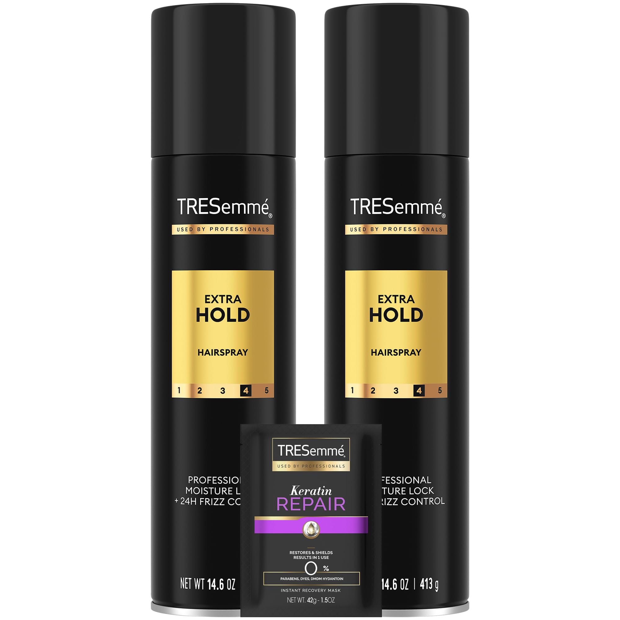 Spray fixant Extra Fort de TRESemmé sur bouteille, tenue durable.