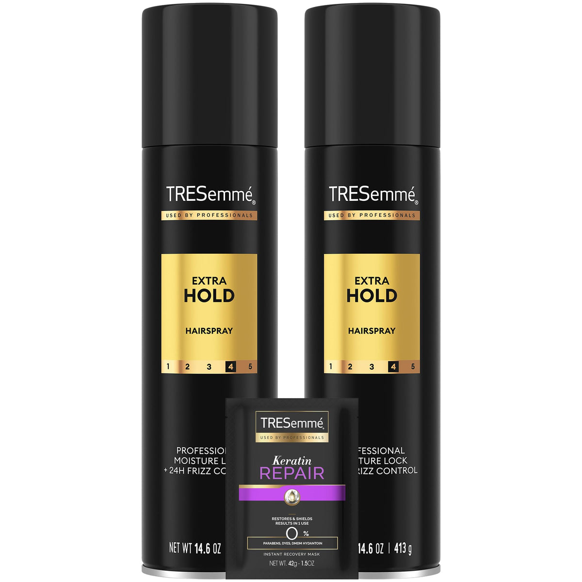 Spray fixant Extra Fort de TRESemmé sur bouteille, tenue durable.