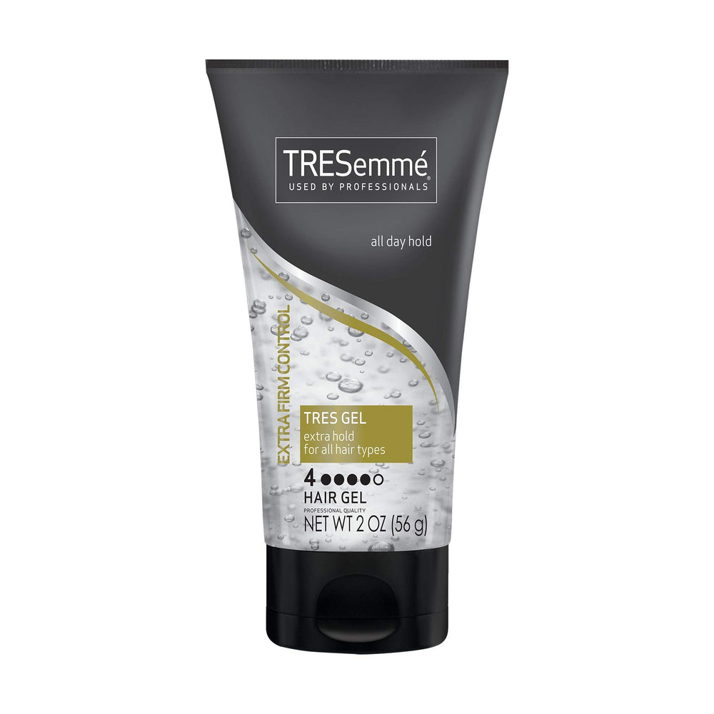 TRESemmé Tres Gel muestra brillo y firmeza en el frasco, listo para peinar duradero.