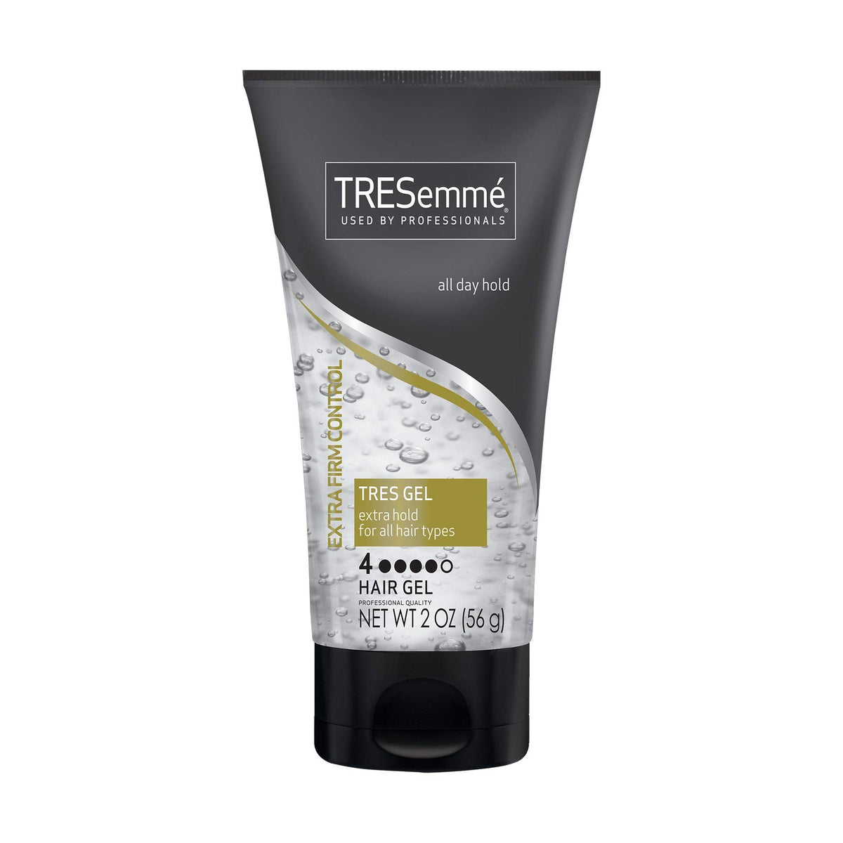 TRESemmé Tres Gel muestra brillo y firmeza en el frasco, listo para peinar duradero.