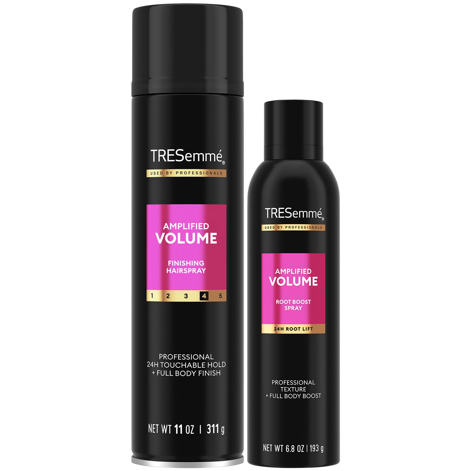 TRESemmé Volumen Amplificado: envase frontal con laca de acabado y volumen duradero