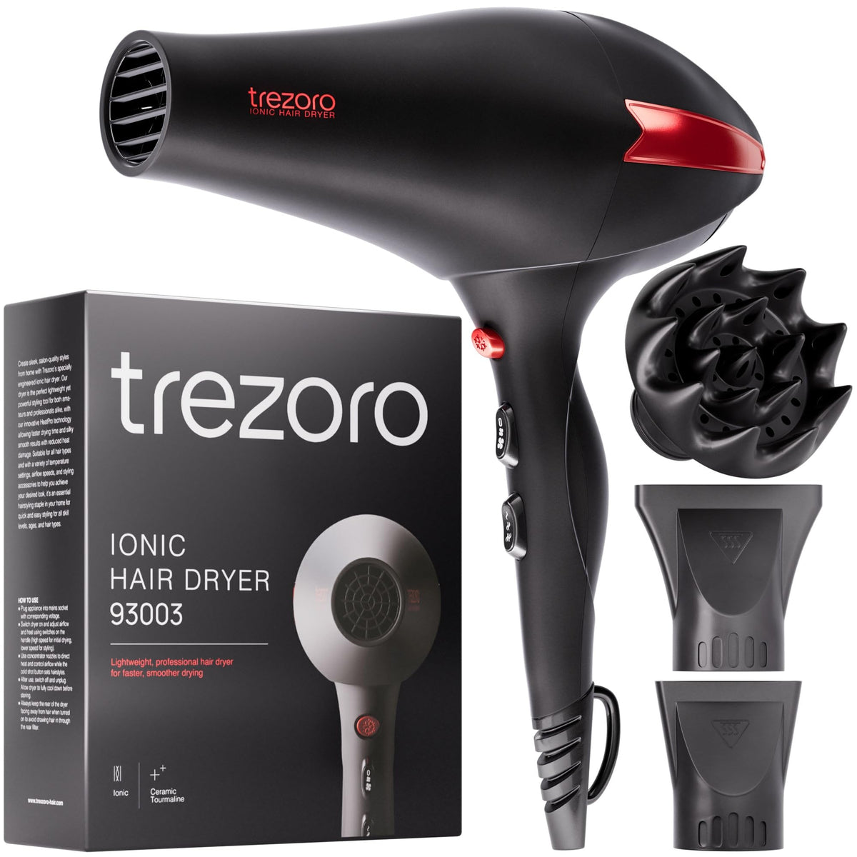 TREZORO secador ionico profesional con HeatPro para secado rápido y estable.