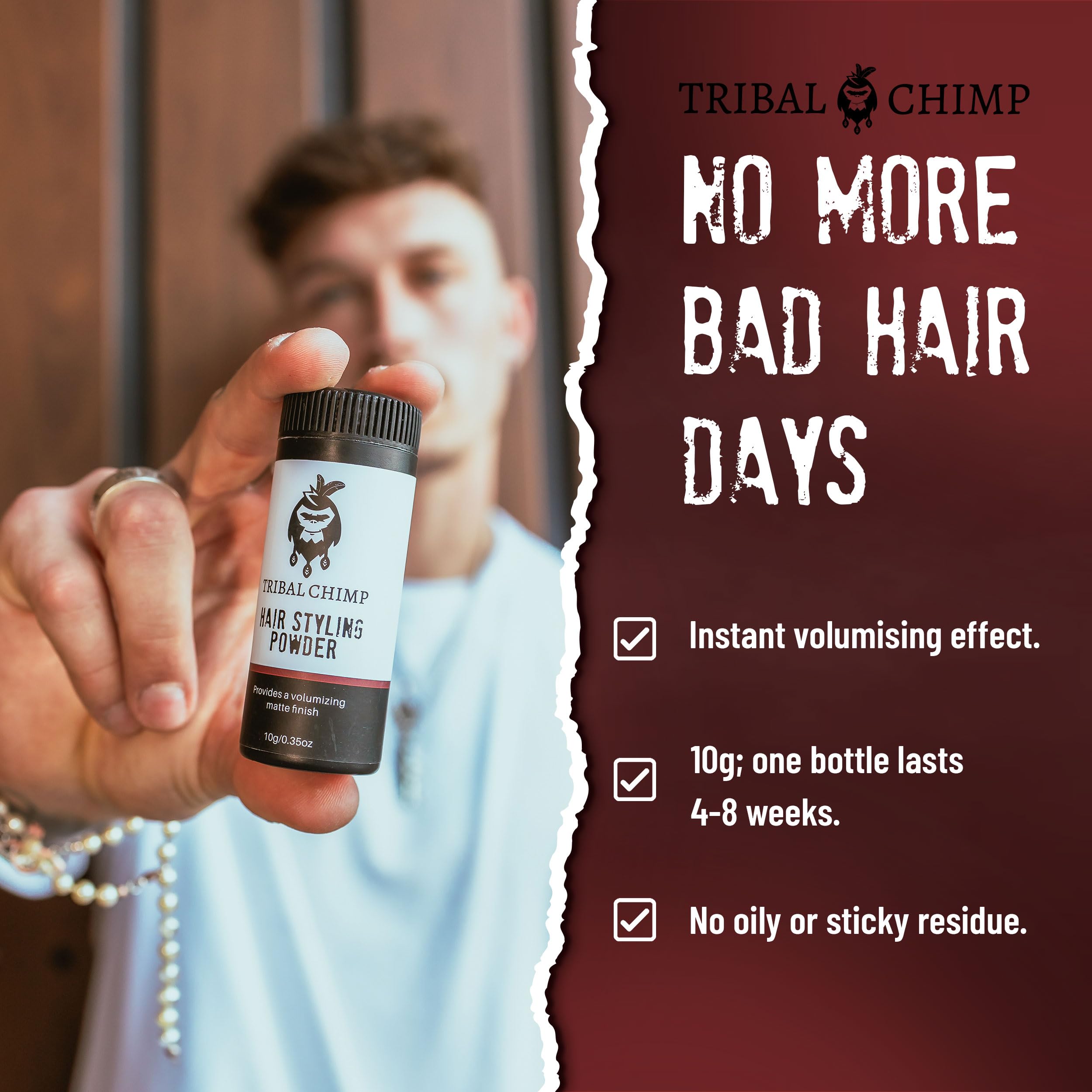 Tribal Chimp polvo para peinado: volumen en raíces para cabello grueso.