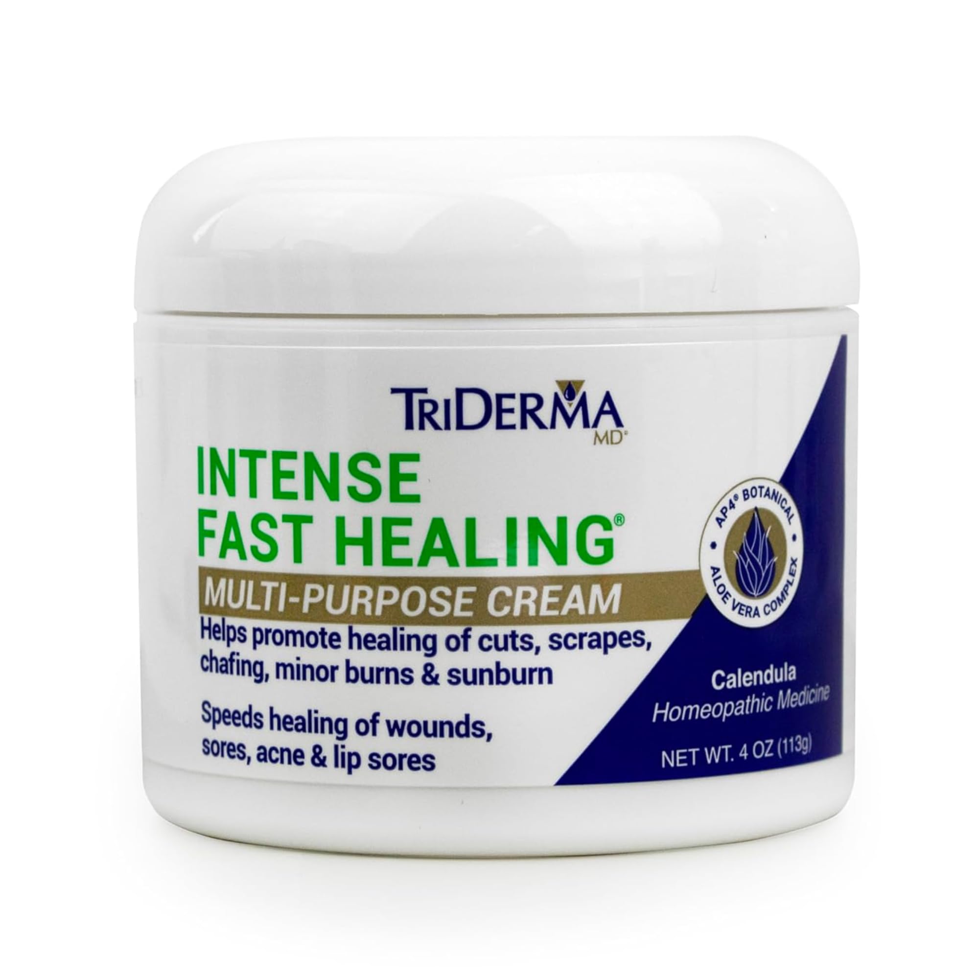 TriDerma crema curación intensa rápida en frasco, acción suave para irritaciones menores.