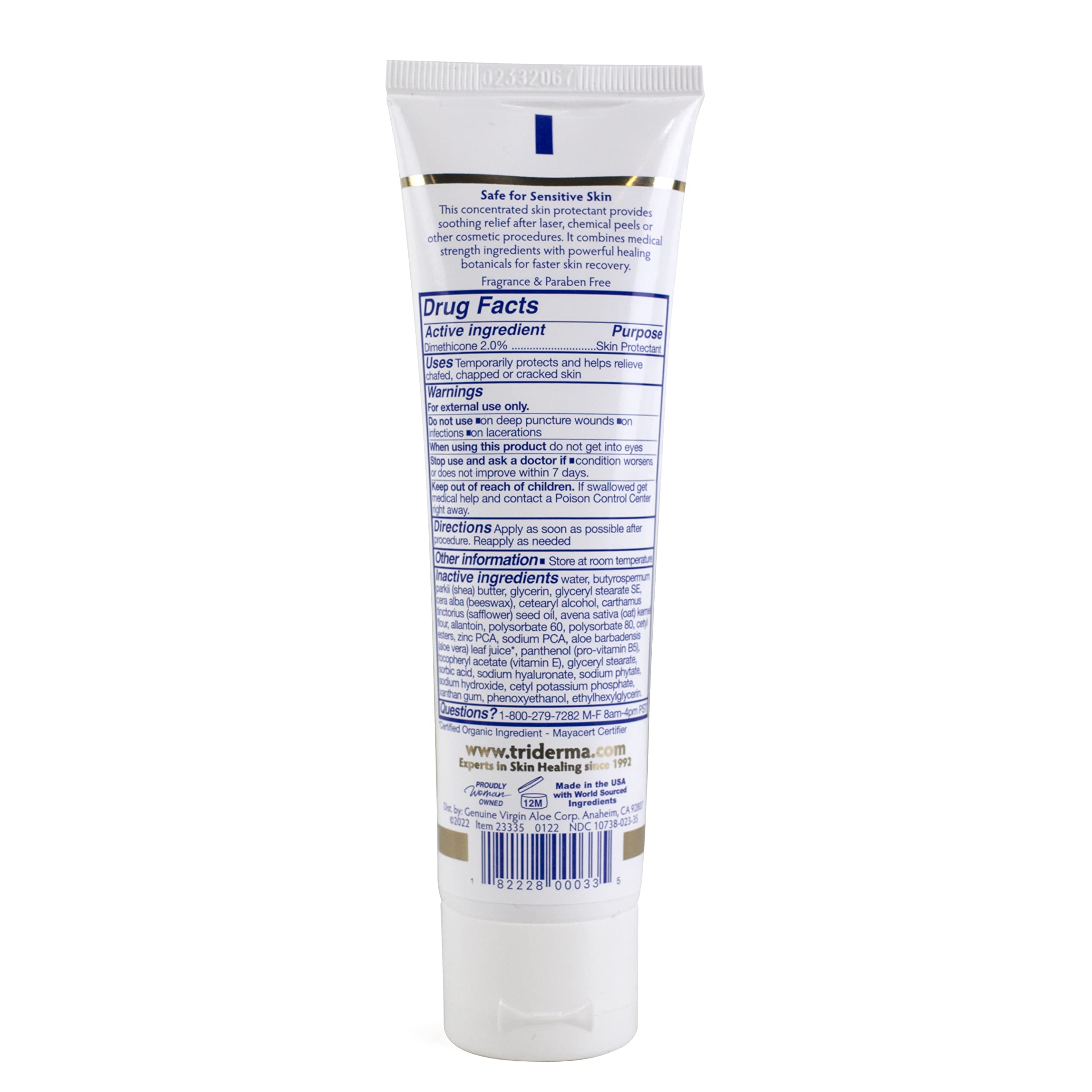 Etiqueta y diseño de TriDerma Post Laser Aloe & Zinc para cuidado pos-tratamiento.