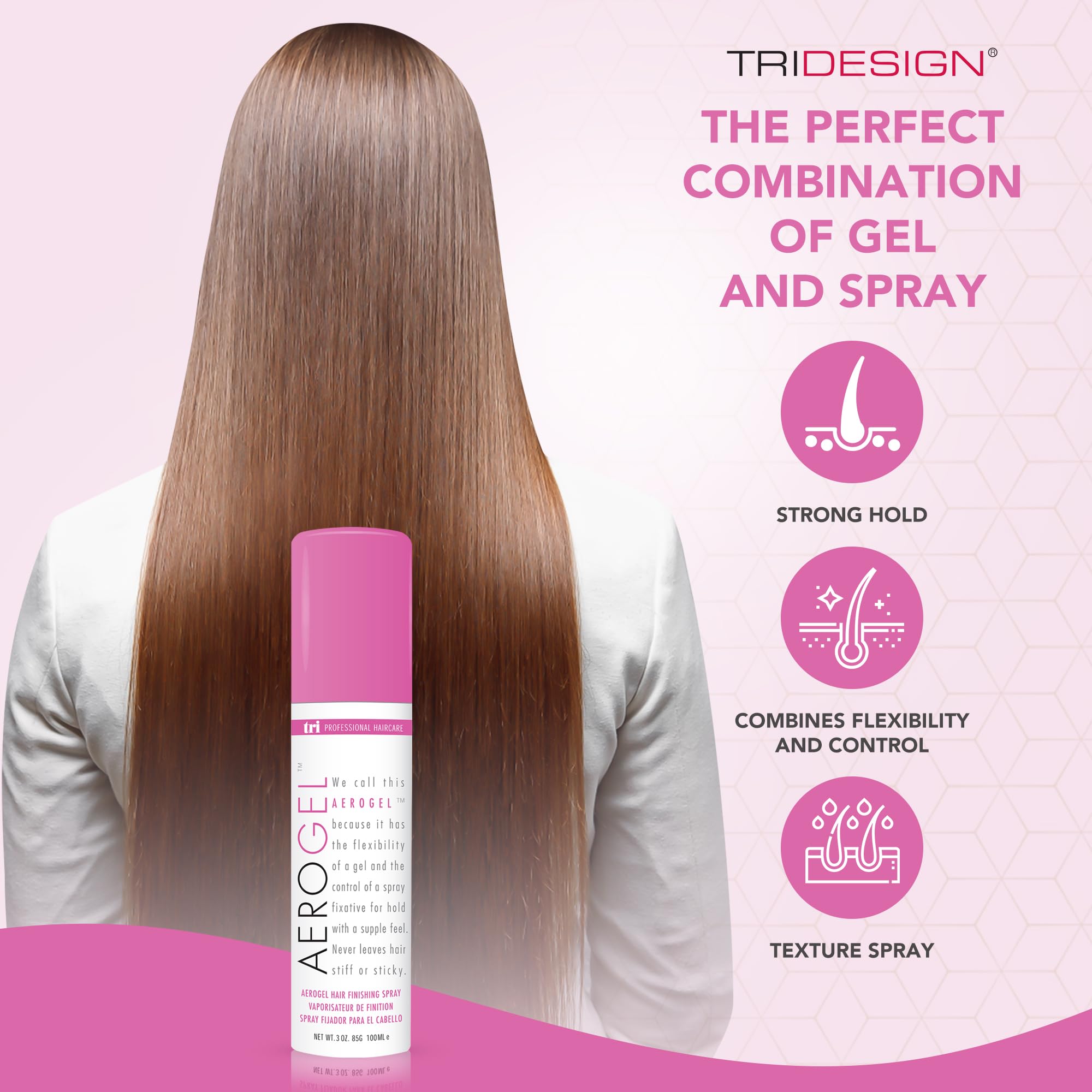 TRIDESIGN Aerogel Hairspray, absence de résidu et toucher léger.