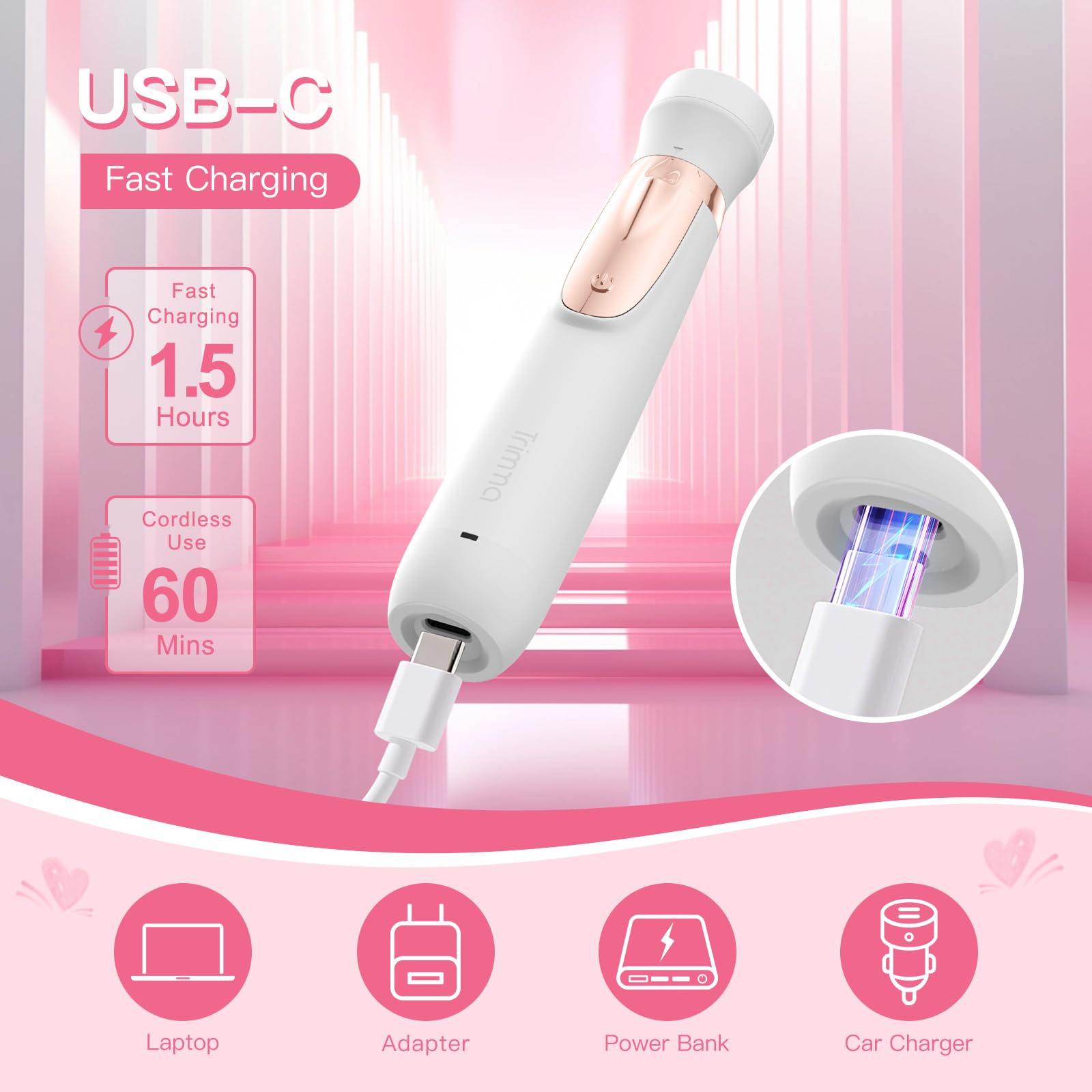Trimma cabezales intercambiables: adapta para nariz, labios y cejas.