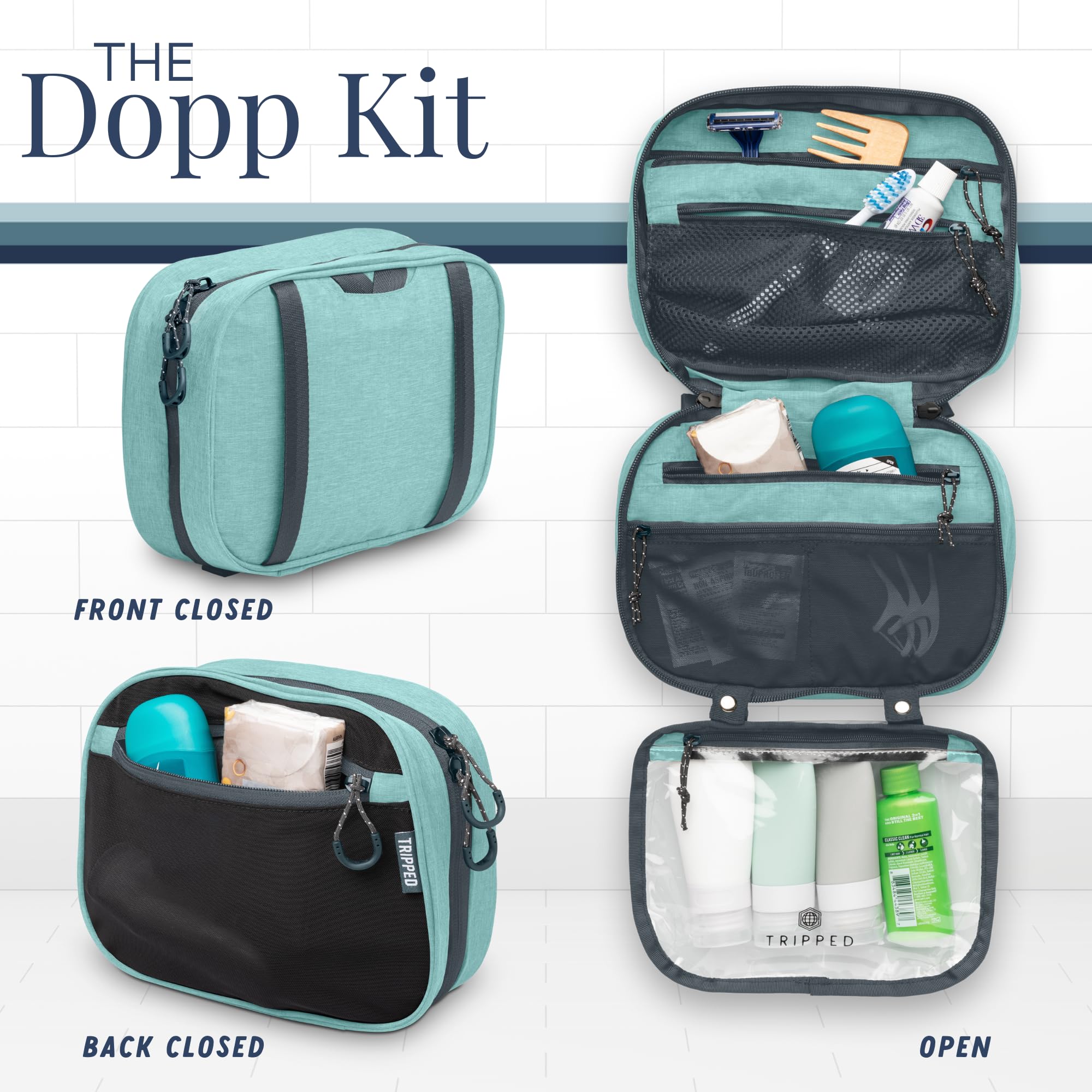 TRIPPED Clip ajustable en bolsa TSA para fijar en ducha o toalla.