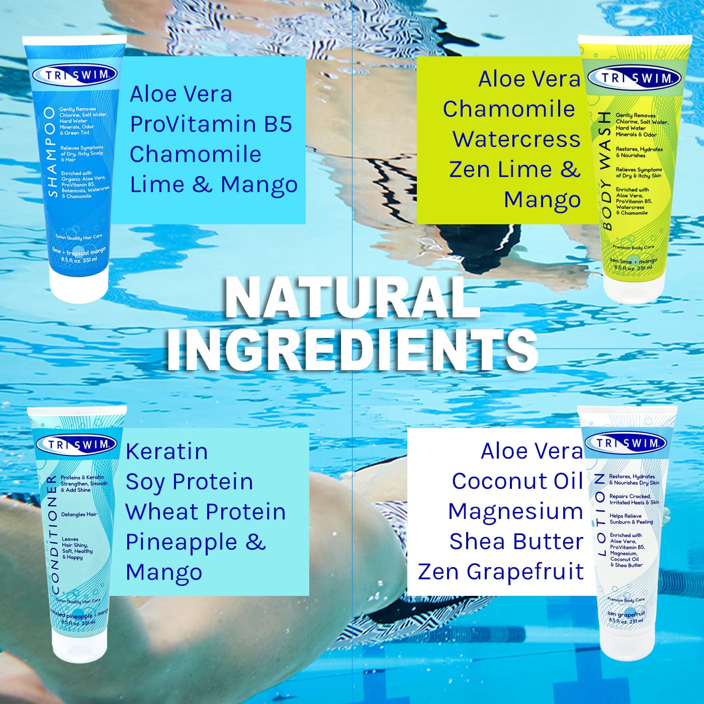 TRISWIM gel ducha elimina químicos y cuida la piel tras nado.