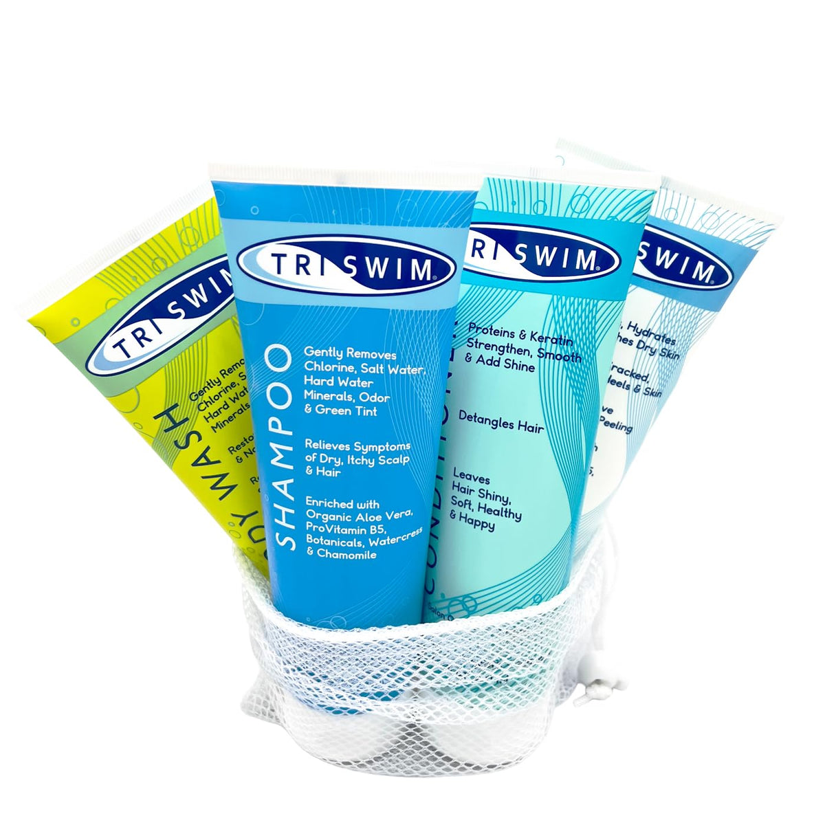 TRISWIM kit regalo con 4 productos y bolsa malla para viaje, cuidado de piel y cabello.