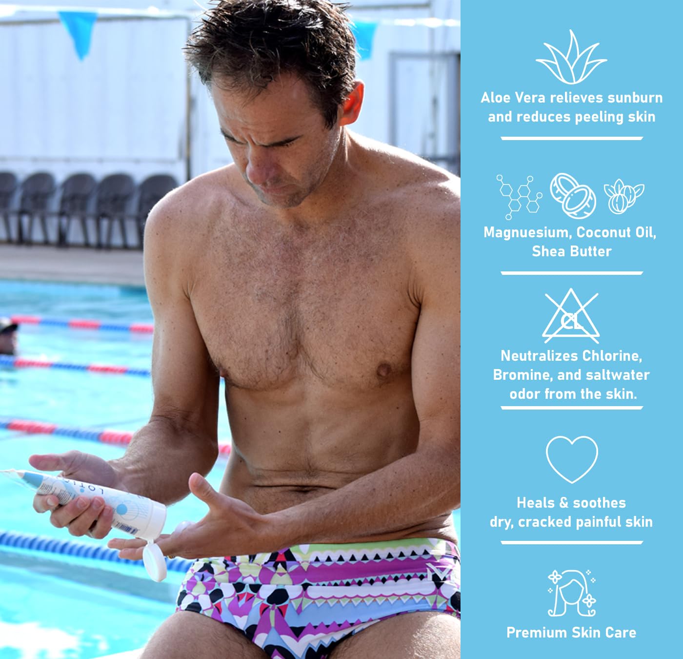 Textura cremosa de TRISWIM que se absorbe rápido para piel seca post natación.