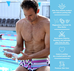 Textura cremosa de TRISWIM que se absorbe rápido para piel seca post natación.
