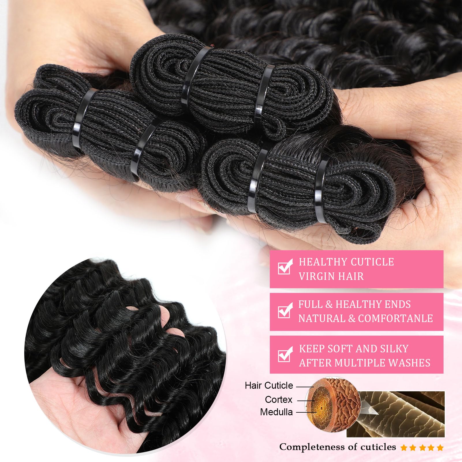 Troskamar, cabello virgen ondulado profundo, sin enredos para peinados duraderos.