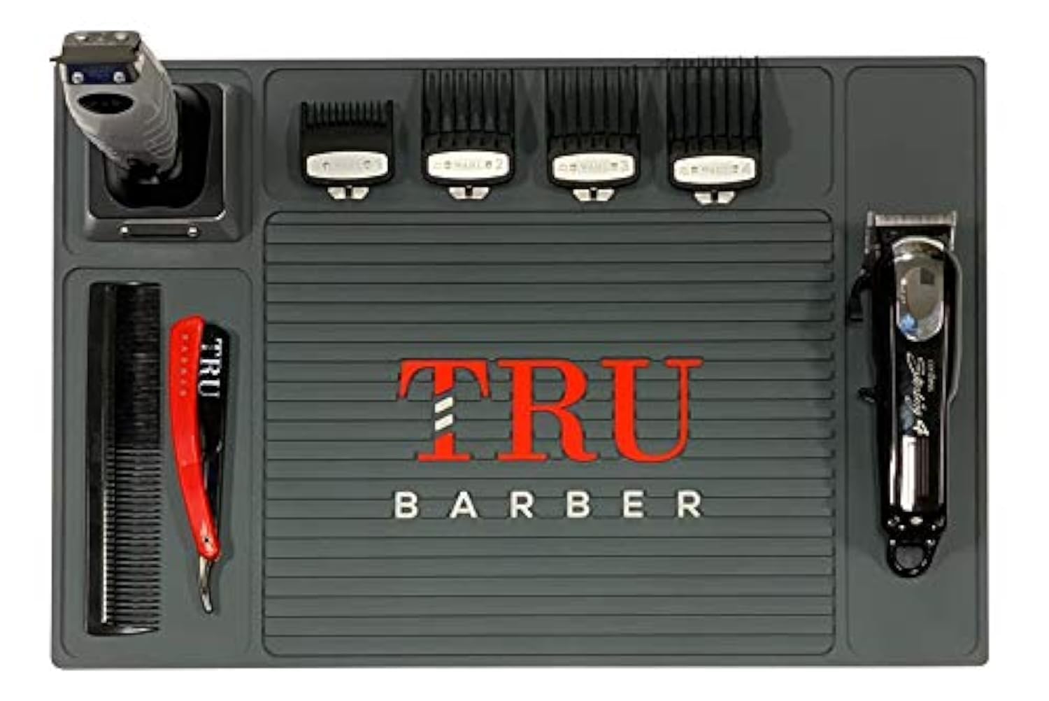 TRU BARBER tapete organizador 18x13, vista frontal, organiza herramientas con claridad.