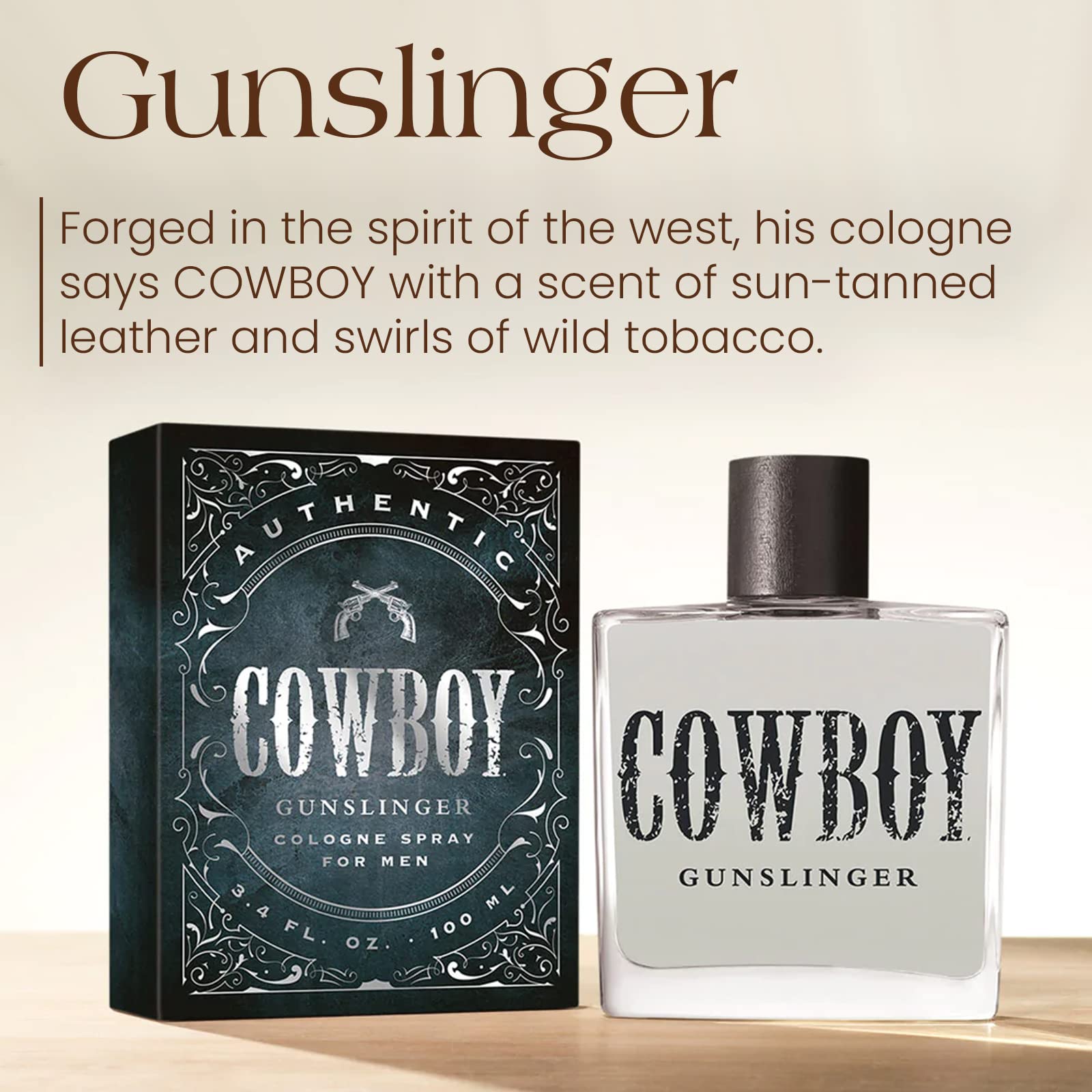 Tru Western Cowboy Gunslinger scent profile bottle cap—warm bergamot and tobacco notes.