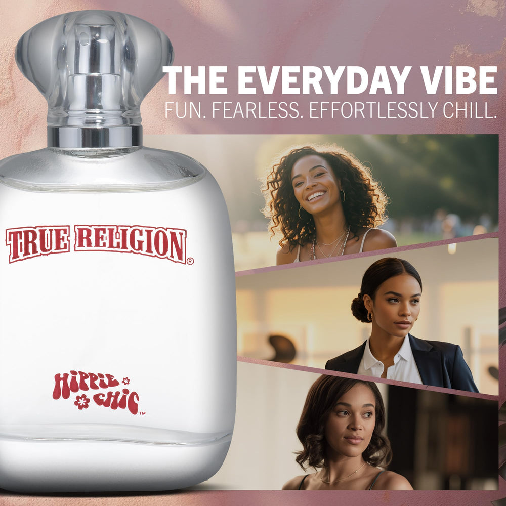 Botella True Religion Hippie Chic en primer plano, ideal para ocasiones especiales.