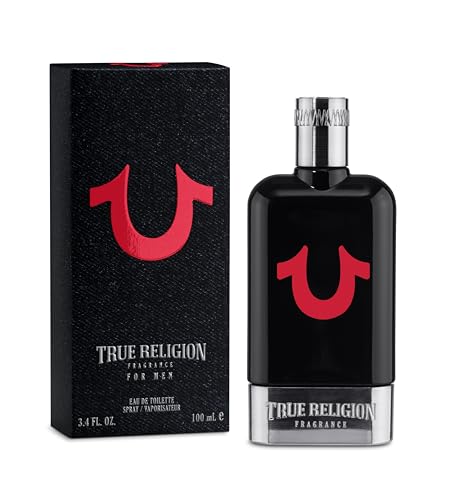 True Religion bottle on table highlights woody notes and versatility for all occasions.