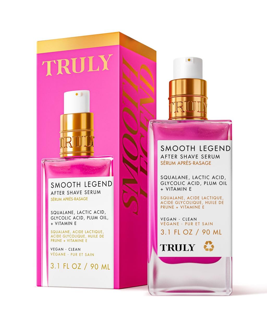 Serum Truly Smooth Legend en botella, hidrata tras afeitado para piel suave.