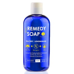 Truremedy Naturals botella de lavado corporal con arbol de te y limon, sensación refrescante.