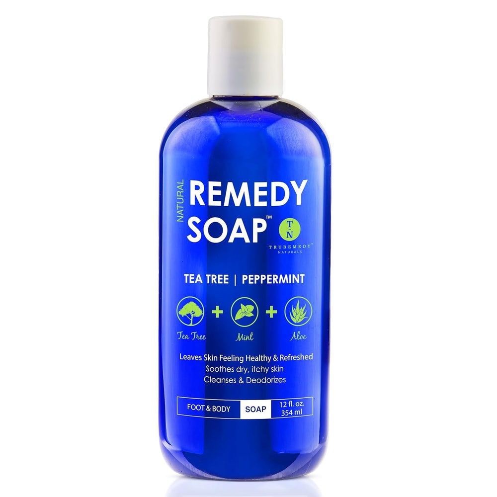 Botella de Truremedy Naturals Tea Tree Body Wash, aroma refrescante y limpieza diaria.