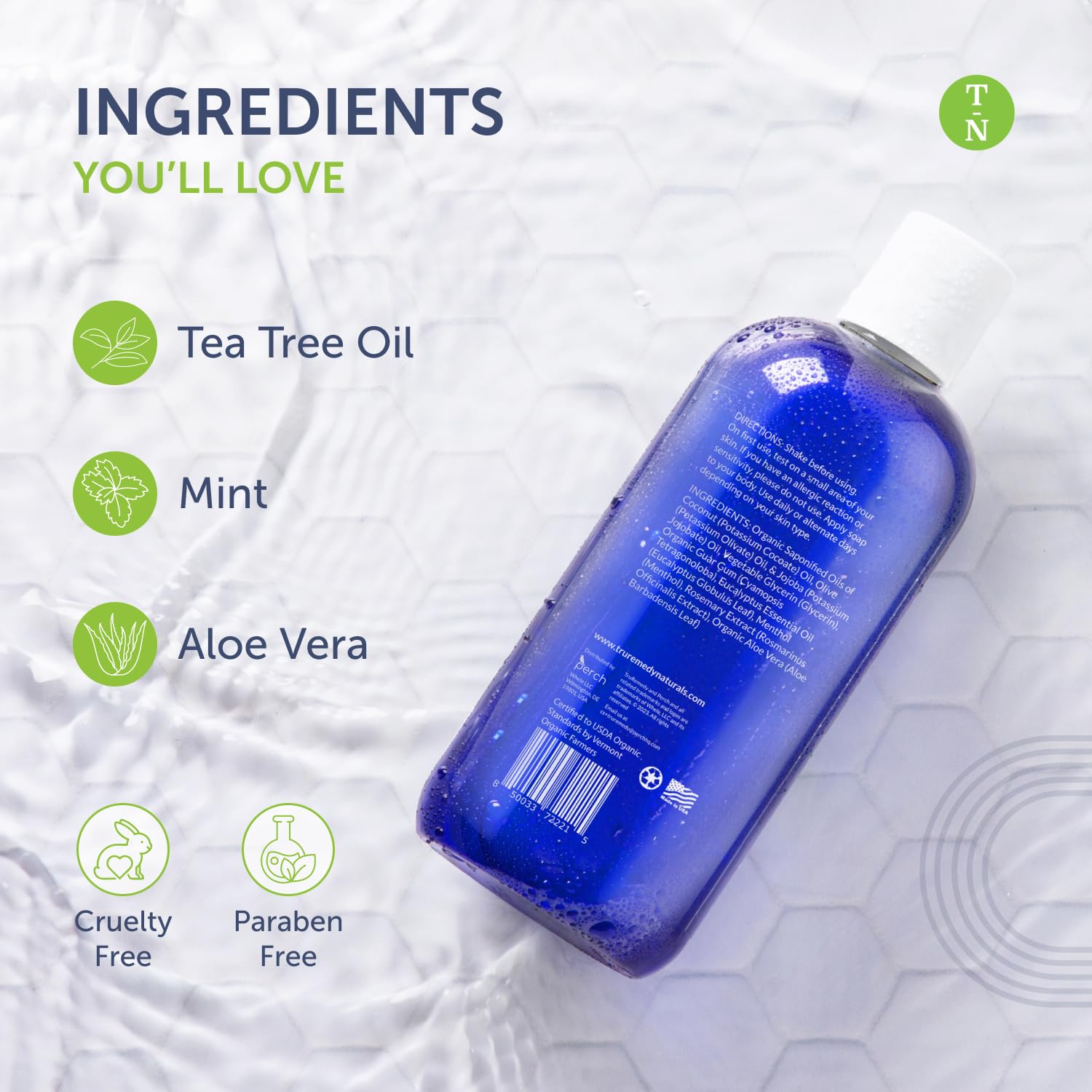Ingredientes clave del Tea Tree Body Wash para cuidado diario de la piel.