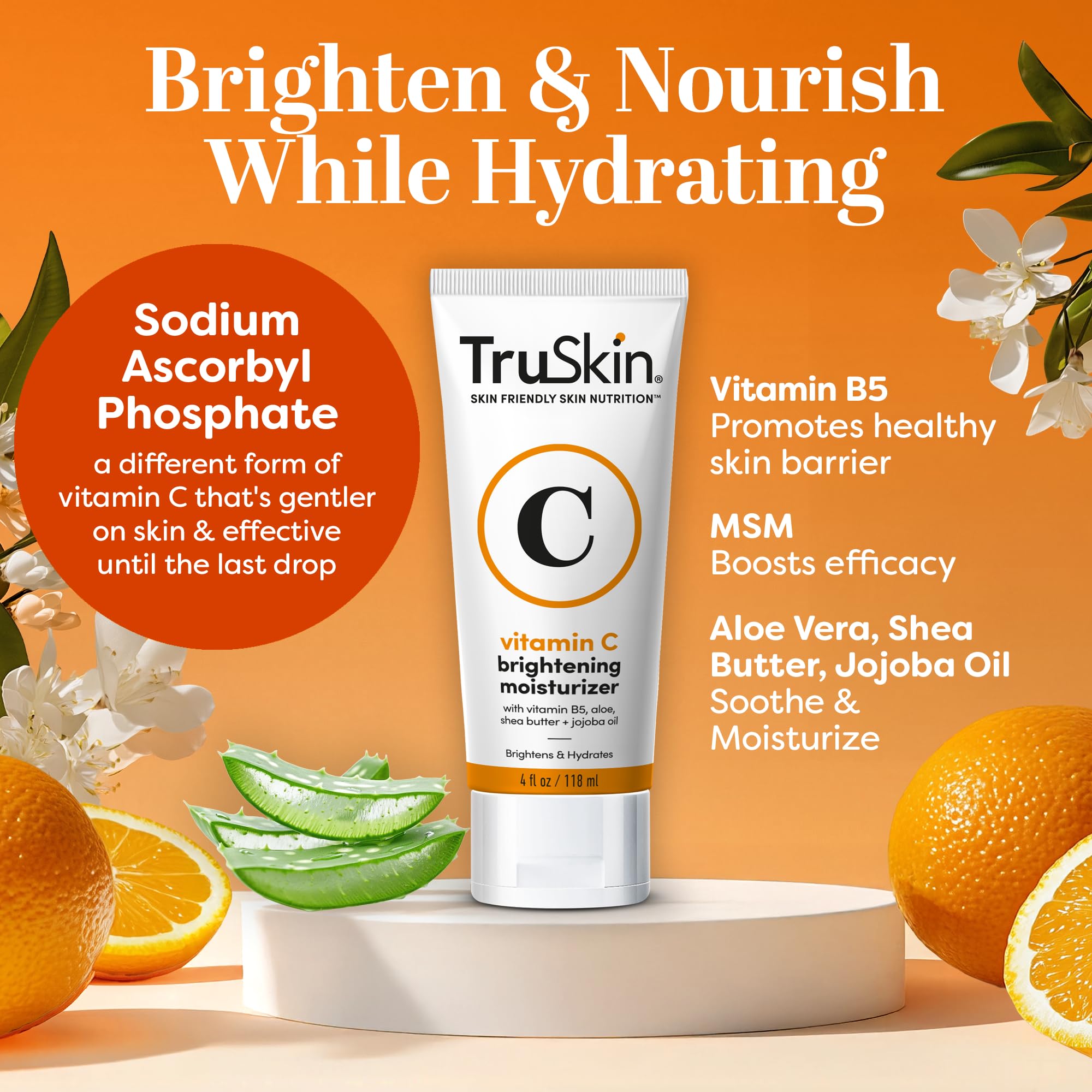 TruSkin crema vitamina C, textura cremosa en palma, ideal para uso diario.
