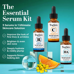 TruSkin Retinol serum, botella oscura, suaviza la textura nocturna.