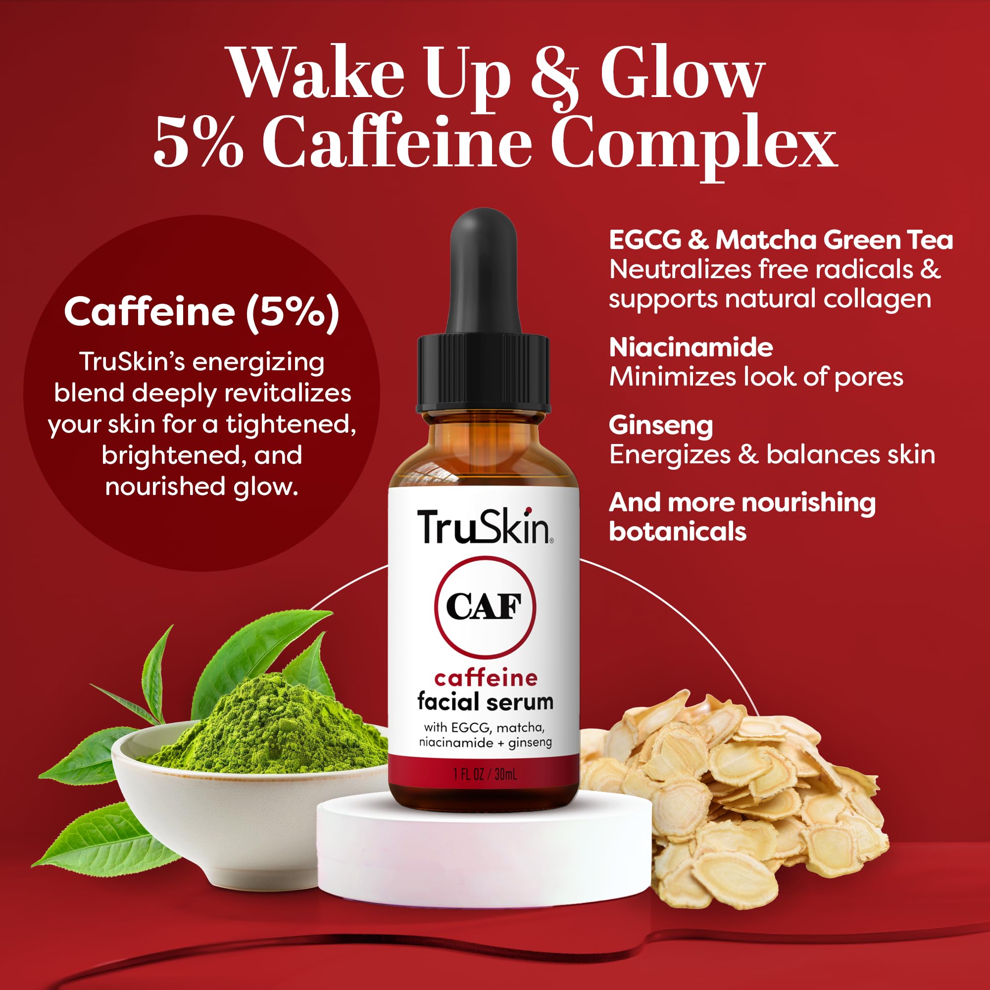 TruSkin serum cafeína, textura ligera para rostro, absorbe rápido y deja piel fresca.