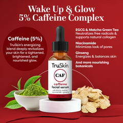 TruSkin serum cafeína, textura ligera para rostro, absorbe rápido y deja piel fresca.