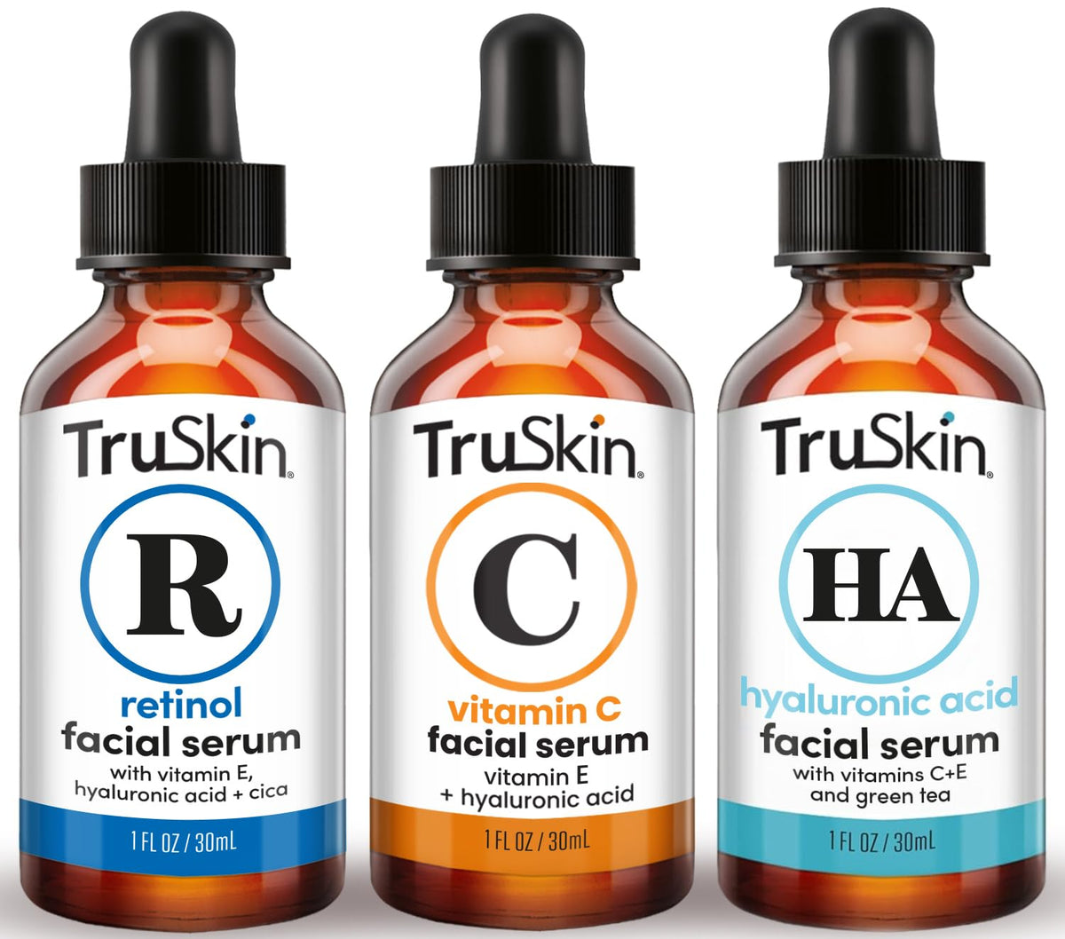 TruSkin Vitamina C serum, botella luminosa, ilumina el tono de la piel.