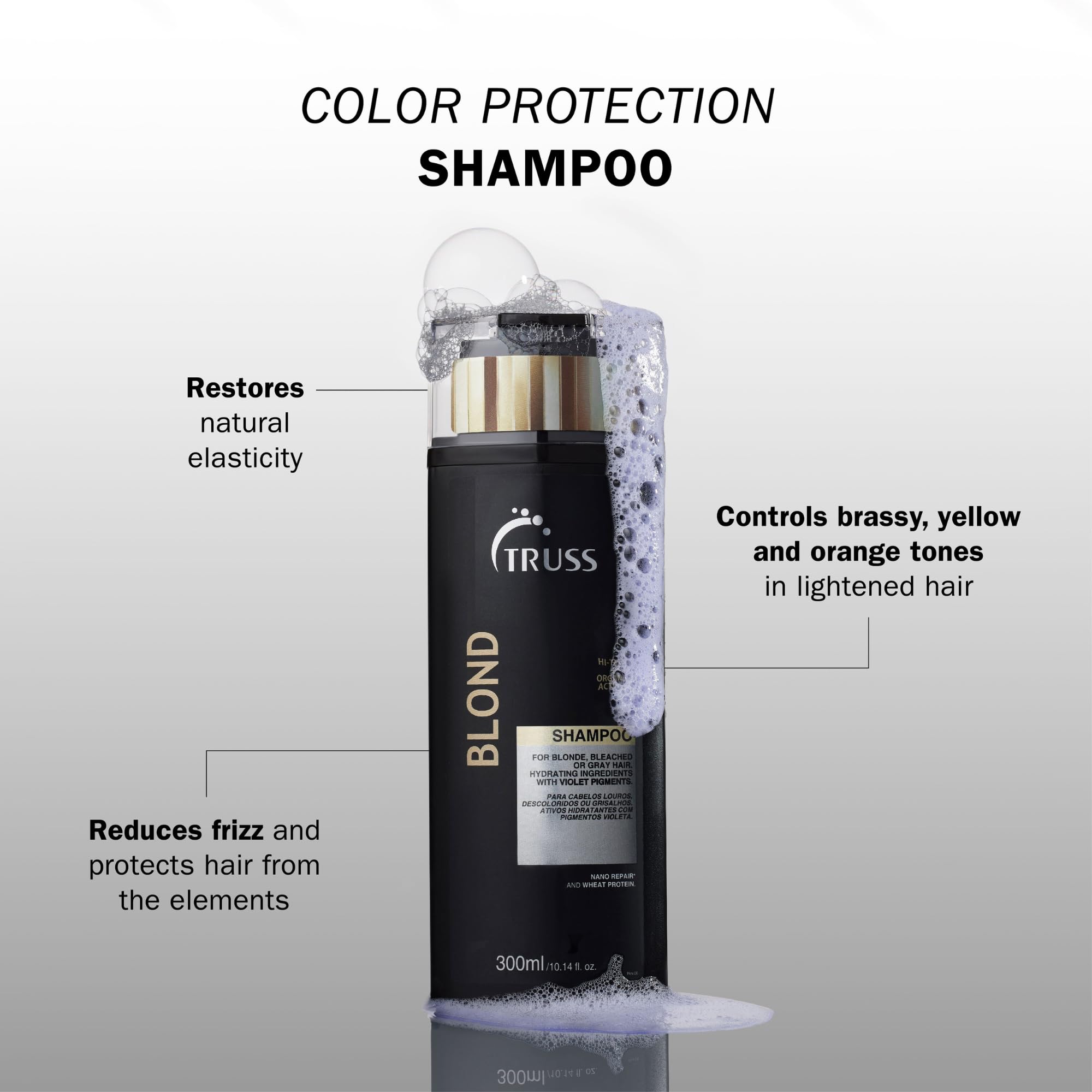 TRUSS champú violeta: pigmentos violetas neutralizan tonos y revitalizan el rubio.