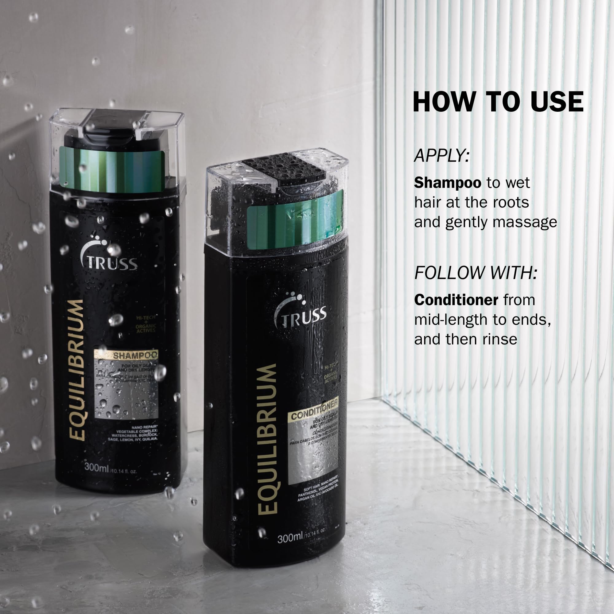 Cheveux plus brillants et plus doux après le lavage avec TRUSS Equilibrium.
