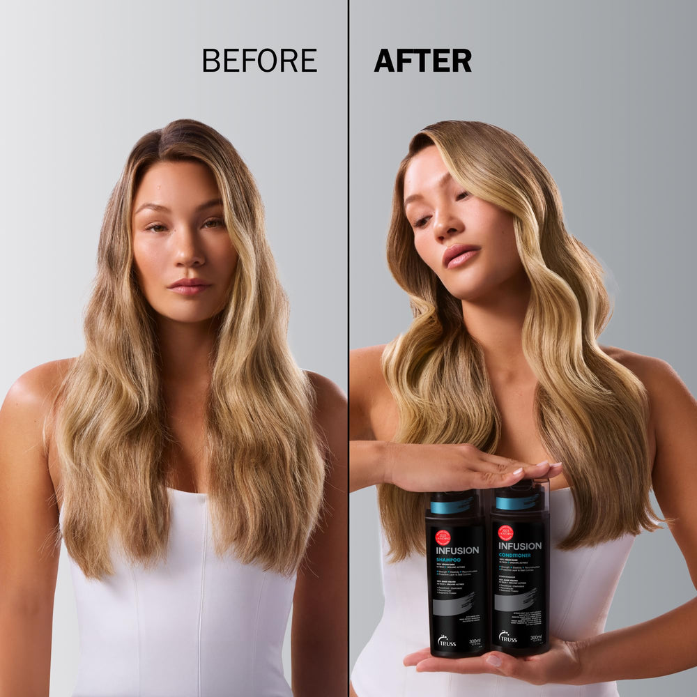Champú Infusión TRUSS, espuma cremosa para limpieza suave y cuidado del cabello.