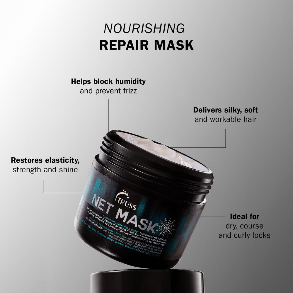 TRUSS mascarilla reparadora con keratina y pantenol para cabello seco.