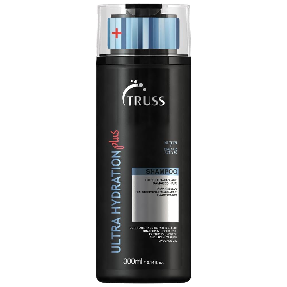 TRUSS Ultra Hydration PLUS Shampoo bottle pour highlighting intense hydration for color-treated hair.