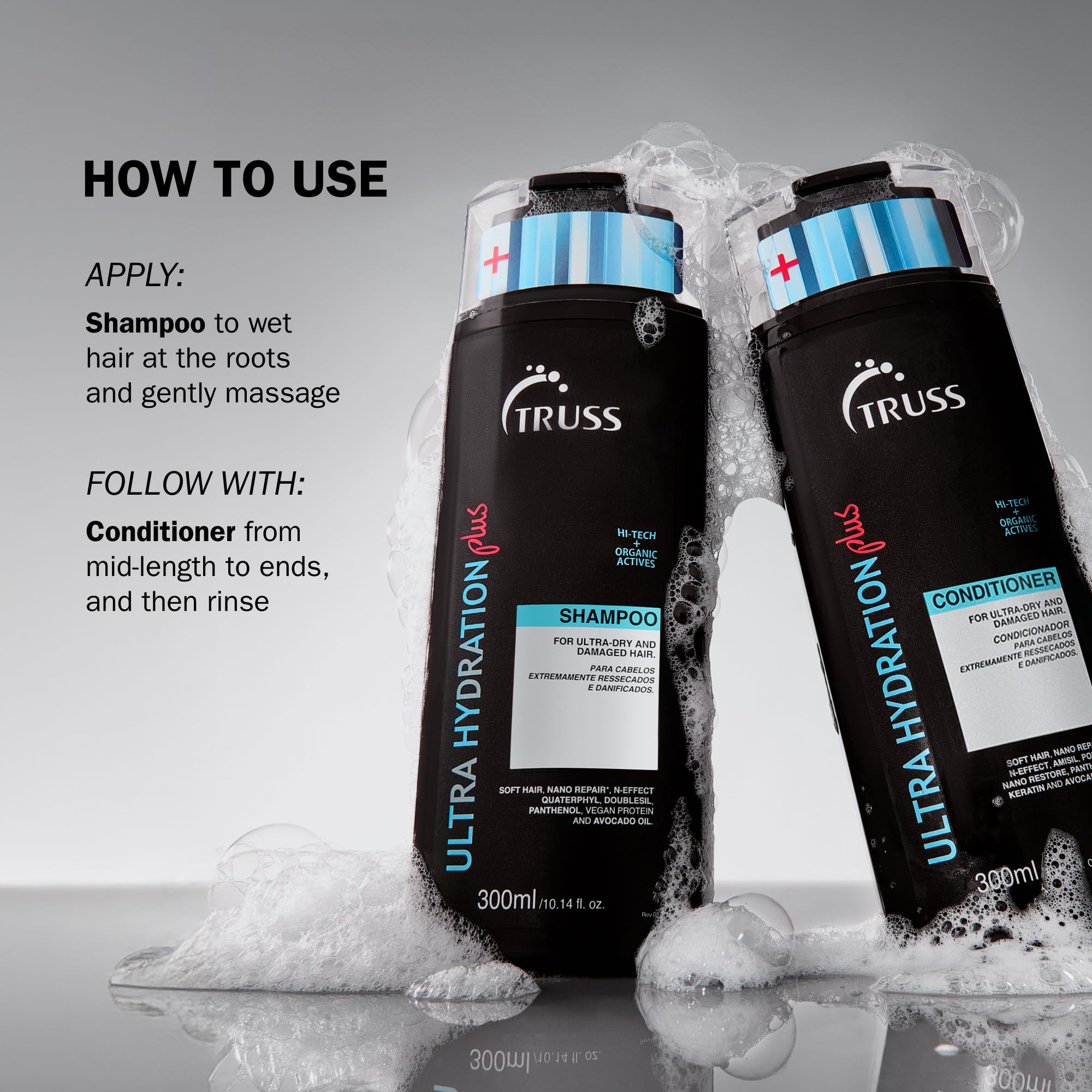 TRUSS Ultra Hydration PLUS Shampoo on bathroom counter with foam ready for color-treated strands.