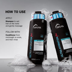 TRUSS Ultra Hydration PLUS Shampoo on bathroom counter with foam ready for color-treated strands.