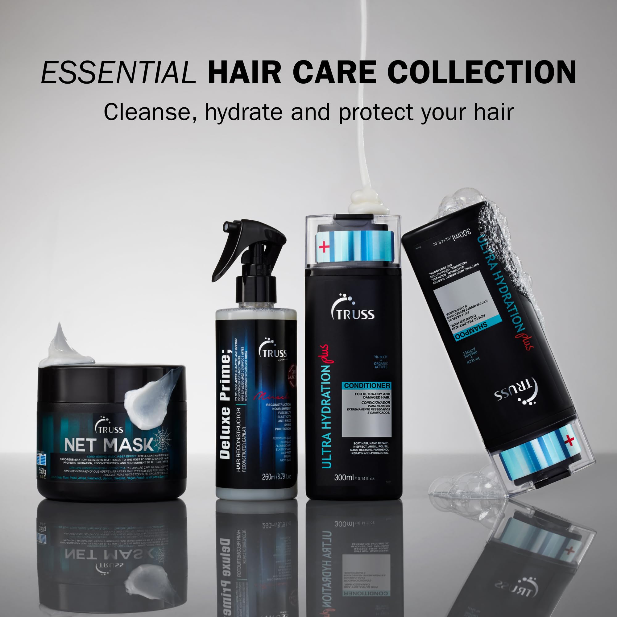 TRUSS Ultra Hydration PLUS Shampoo on wet hair showing smoother, bouncier strands.