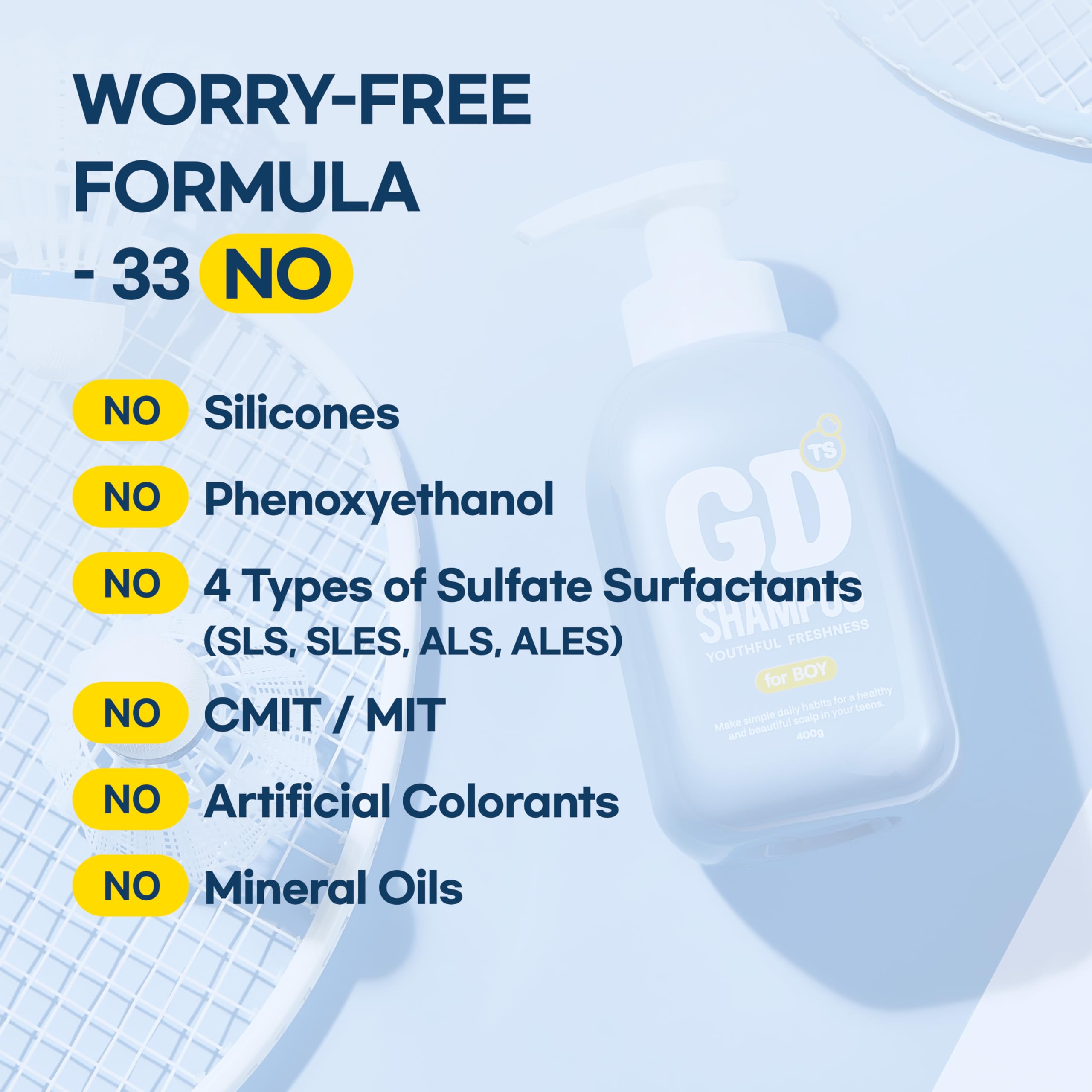TS SHAMPOO GD clean formula bottle close-up emphasizes free-from harsh ingredients.