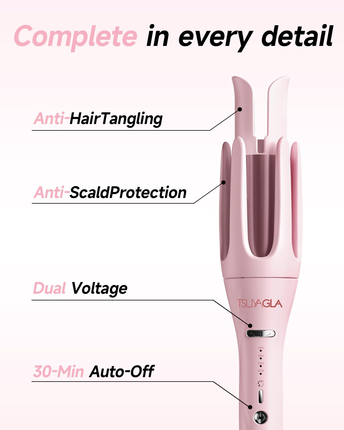 Rizador TSUYAGLA con tecnología iónica negativa para cabello más suave.