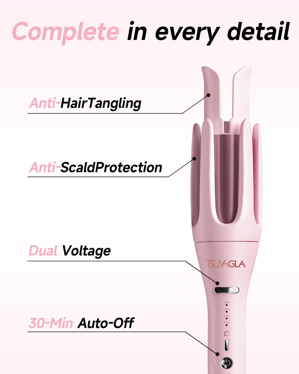 Rizador TSUYAGLA con tecnología iónica negativa para cabello más suave.