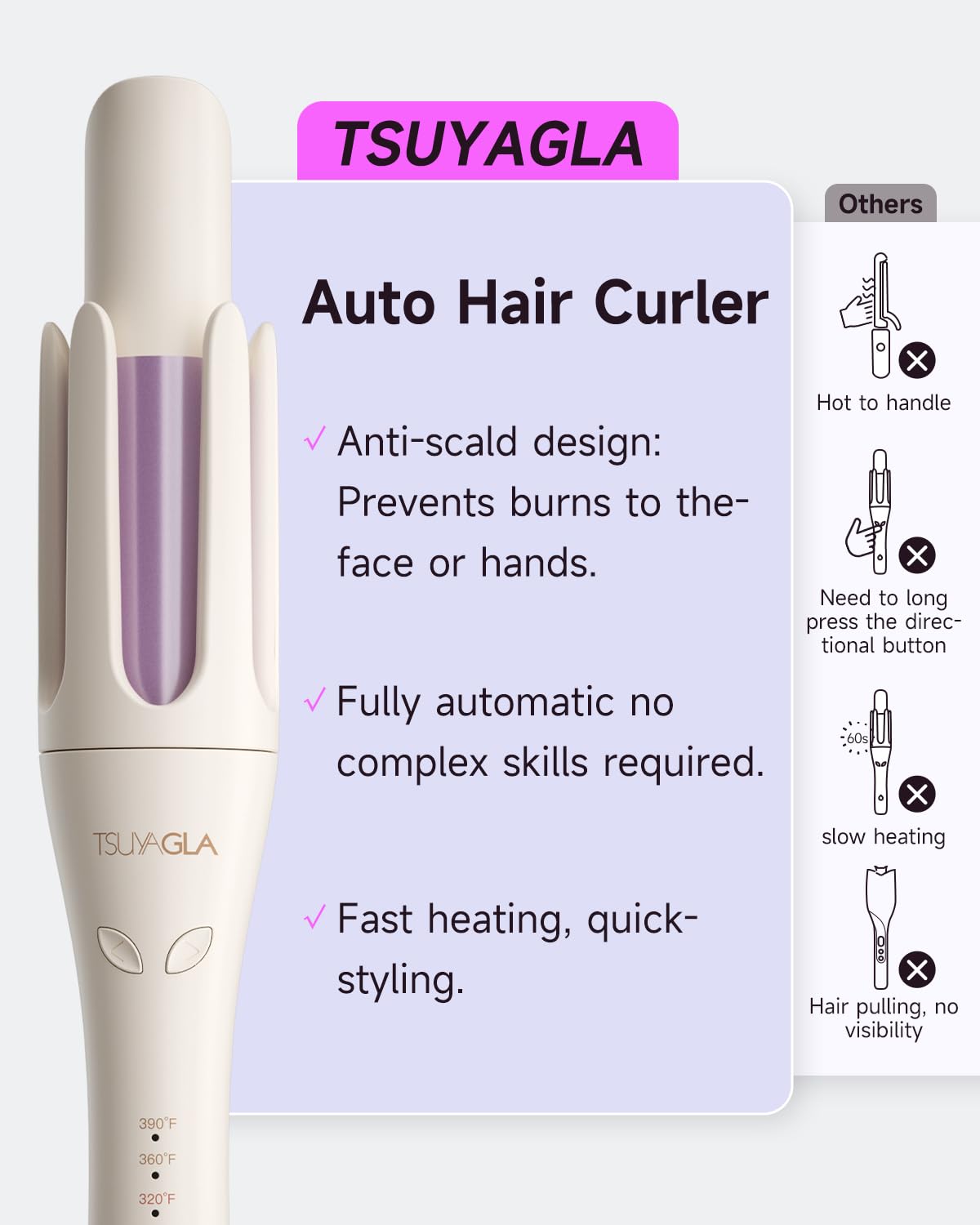 Rizadora TSUYAGLA con recubrimiento cerámico-tourmalina para menos frizz y más brillo
