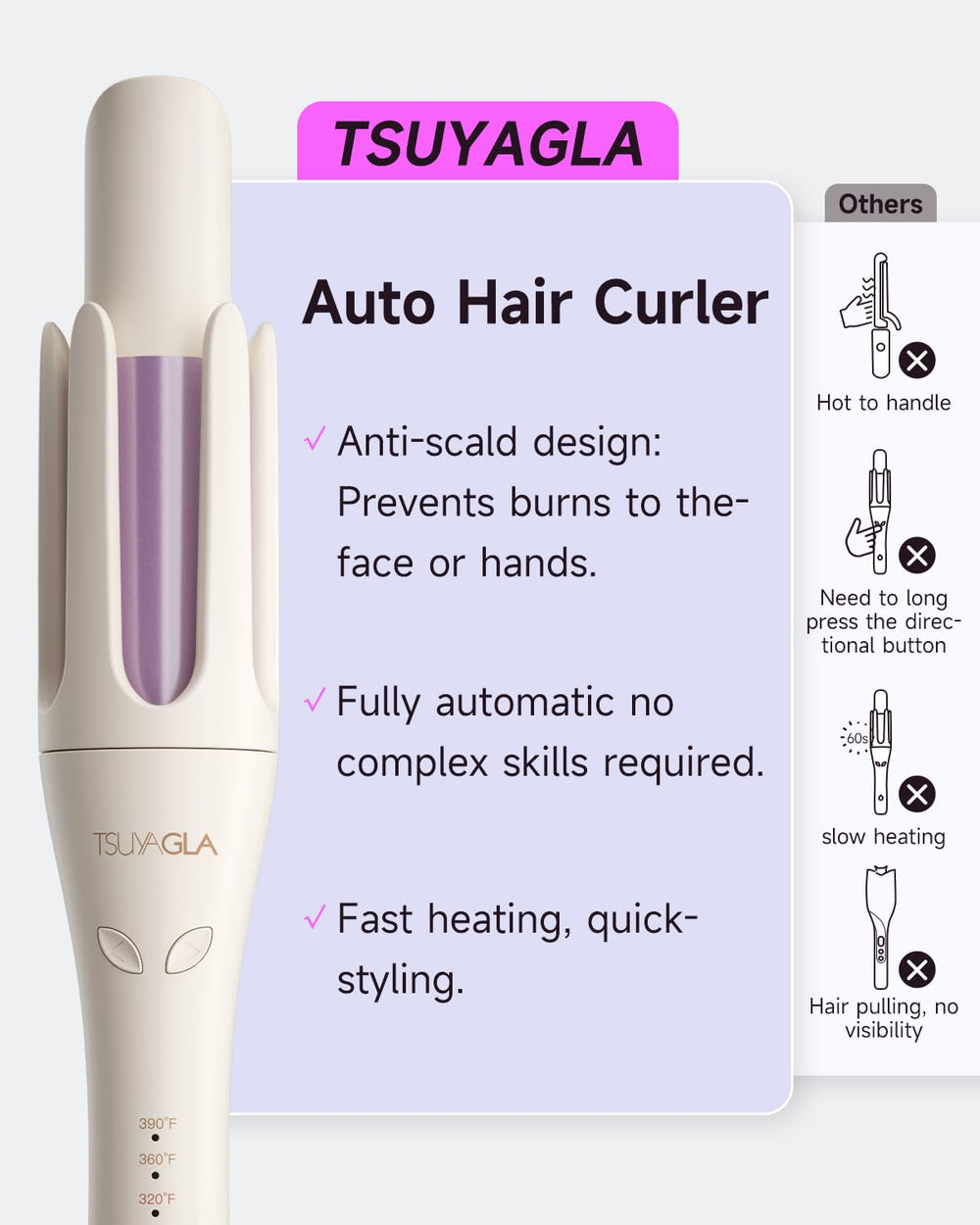 Rizadora TSUYAGLA con recubrimiento cerámico-tourmalina para menos frizz y más brillo