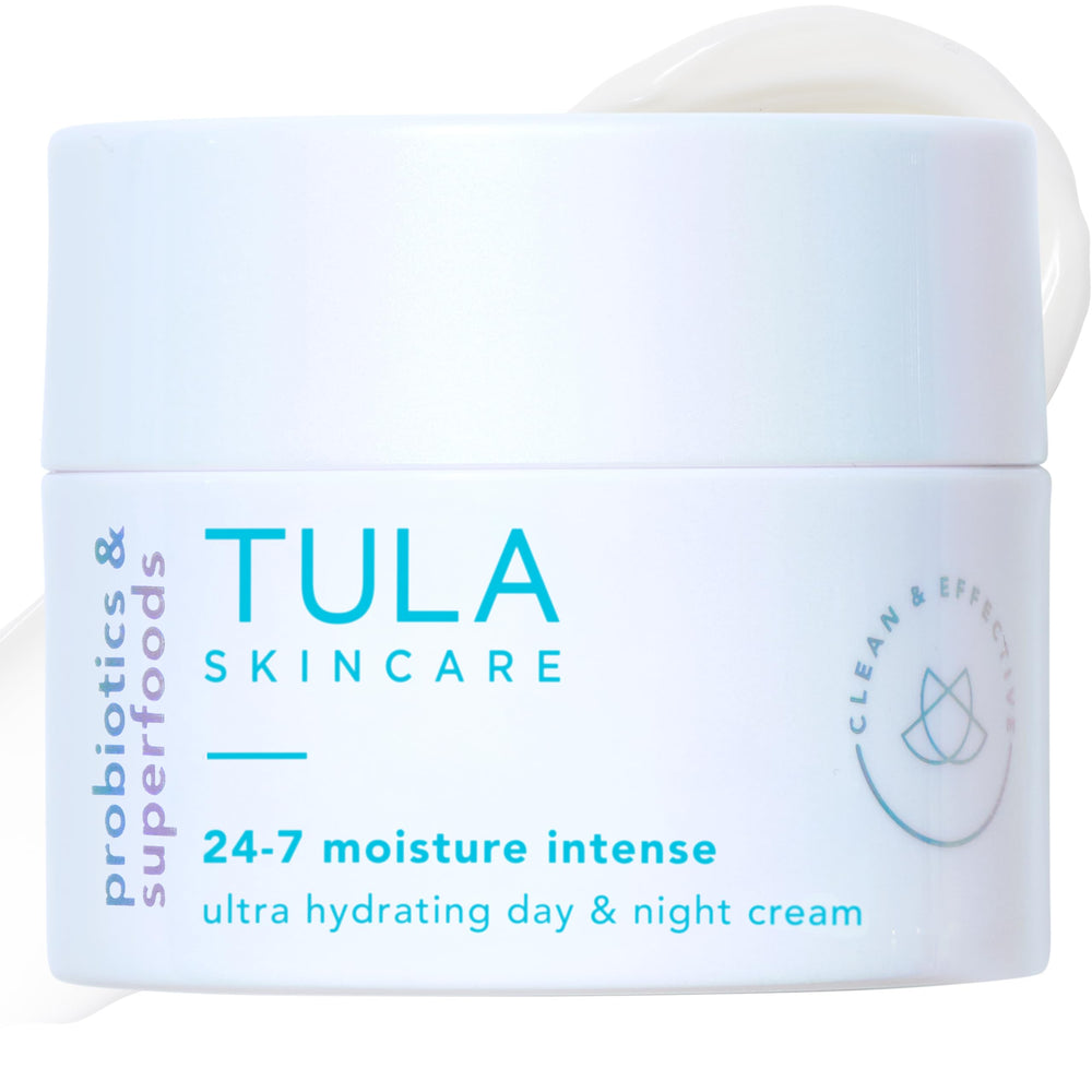Frasco de crema TULA 24-7 para hidratación intensa día y noche.