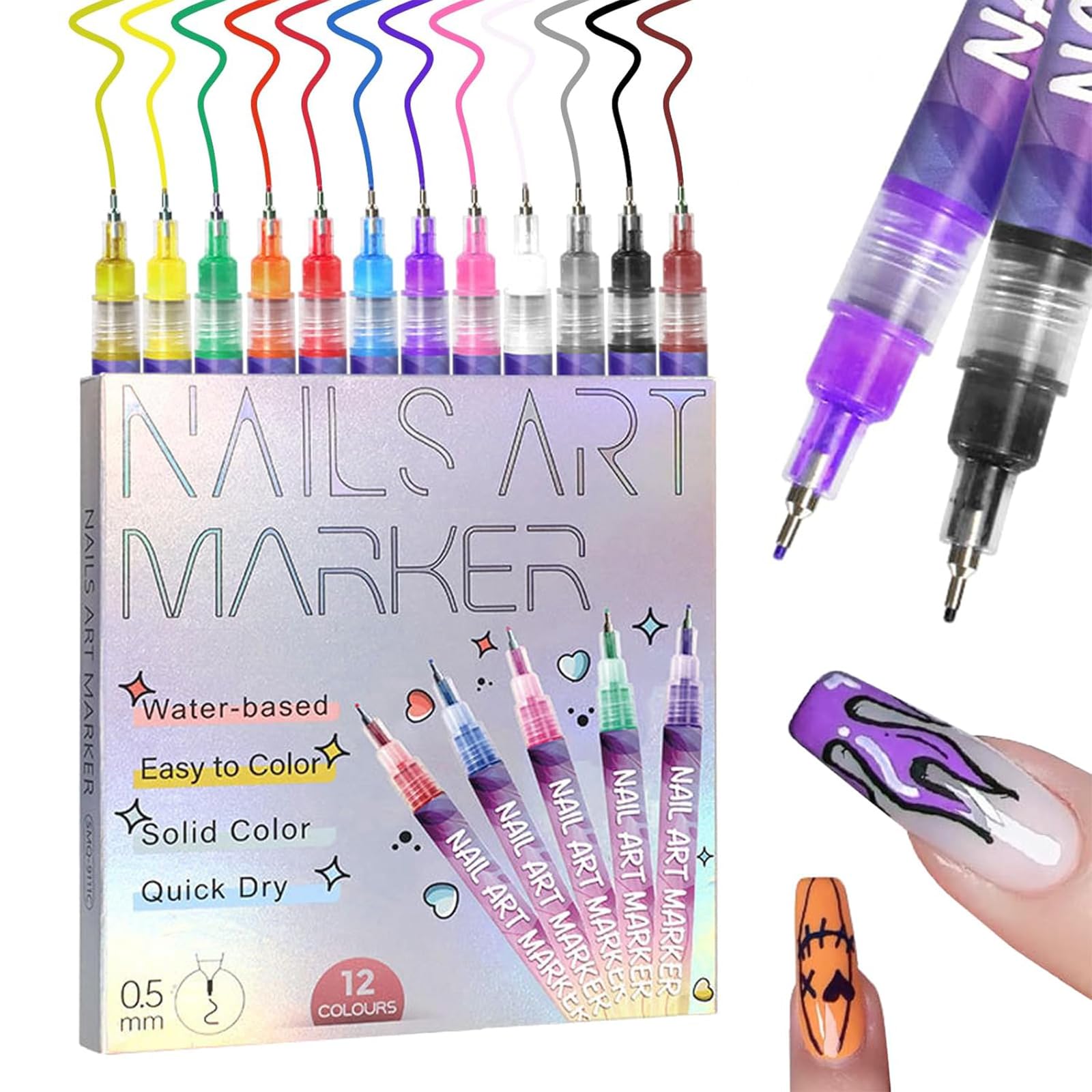 Marcadores Tuonu para uñas con punta fina 0.5 mm para diseños detallados.