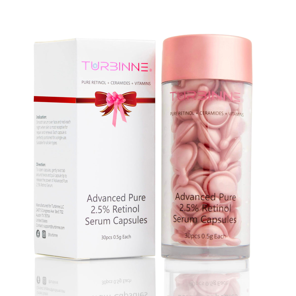 Turbinne Pure 2.5% Retinol, bote de cápsulas, dosificación precisa para uso diario